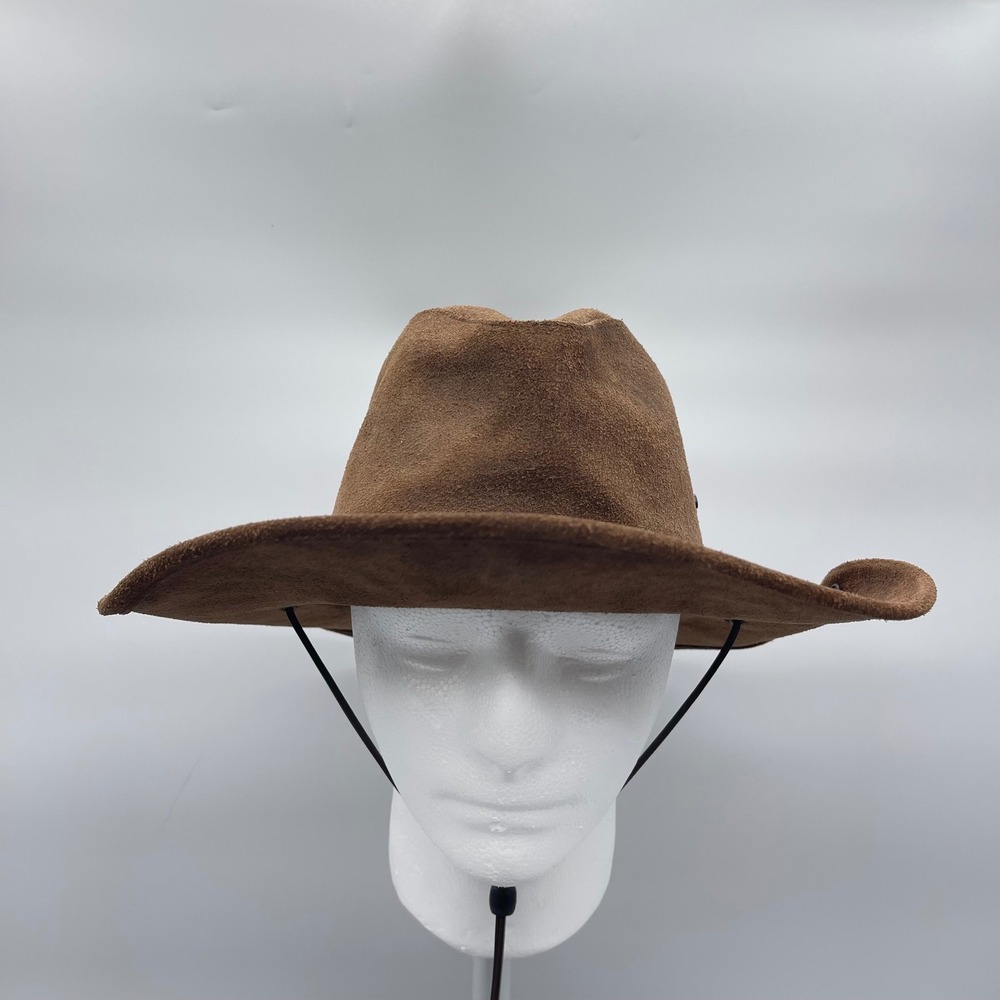 Orvis Weathered Medium Brown Suede Leather Outback Safari Cowboy Hat  Chin Cord